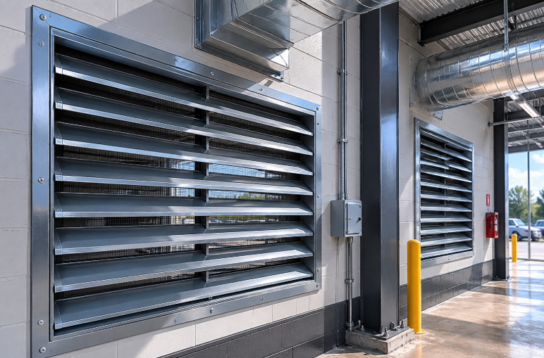 Industrial wall louvers installed beside commercial HVAC ductwork.