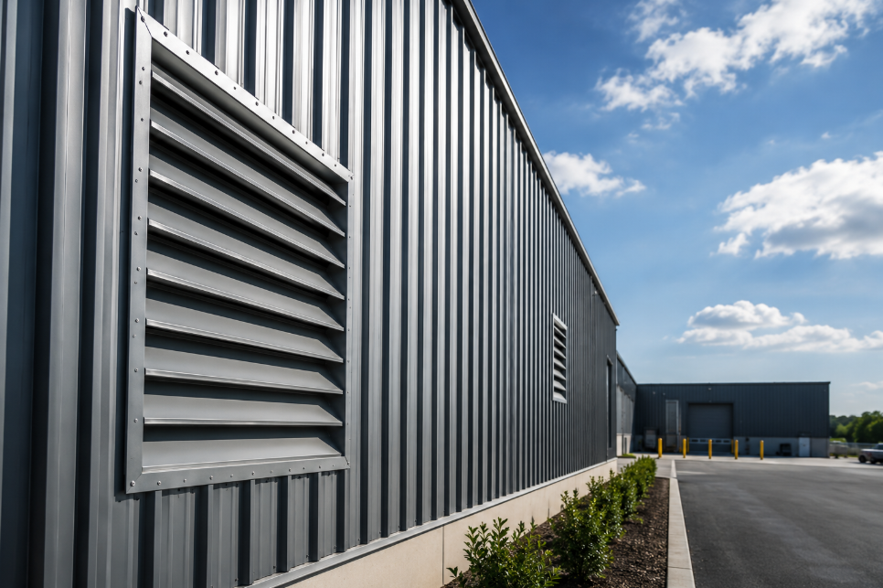 Exterior metal wall with industrial ventilation louvers.