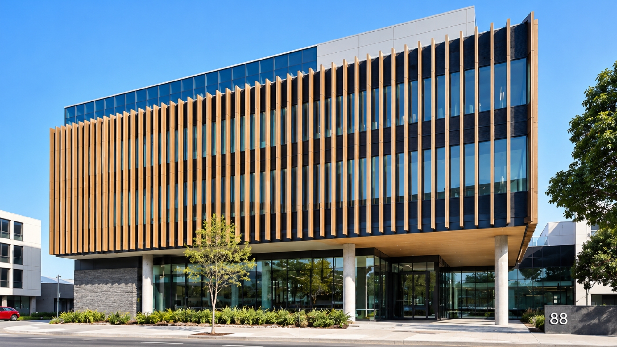 Modern commercial building featuring vertical facade louvers.